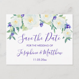 Weiße Rosen und Violetten Save the Date Ankündigungspostkarte