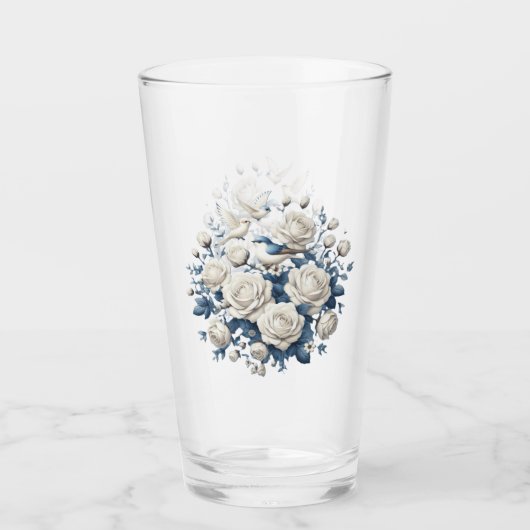 Weiße Rosen und Vögel Glas (Vorderseite)