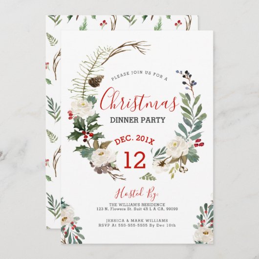 Weiße Rosen & Weihnachtskranz Party laden ein Einladung (Vorne/Hinten)