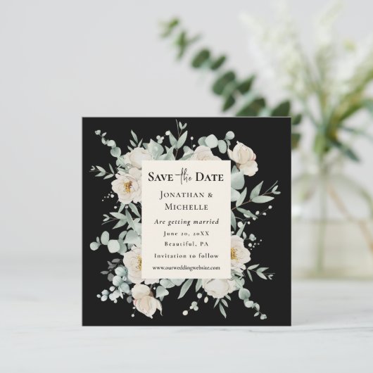 Weiße Rosenblüte auf der Christlichen Schwarzen Ho Save The Date (Stehend Vorderseite)