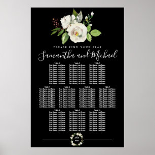 Weiße Rosenblüte auf schwarzen 10-Tisch-Sitzplaket Poster