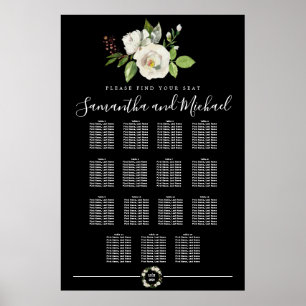 Weiße Rosenblüte auf schwarzen 15-Tisch-Sitzplaket Poster