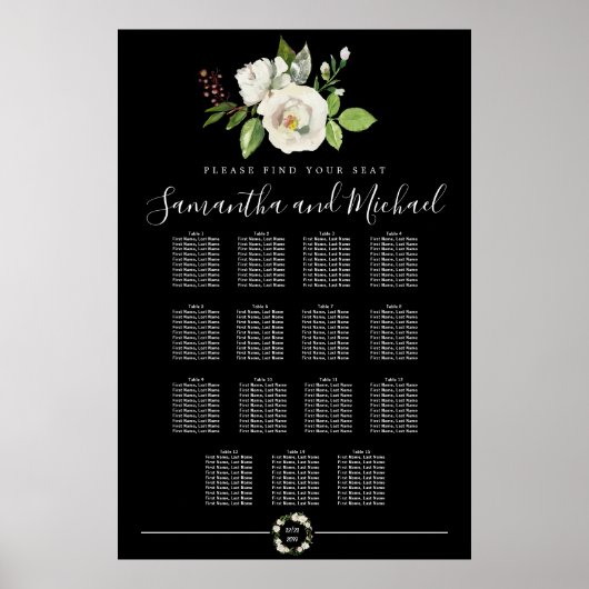 Weiße Rosenblüte auf schwarzen 15-Tisch-Sitzplaket Poster (Vorne)