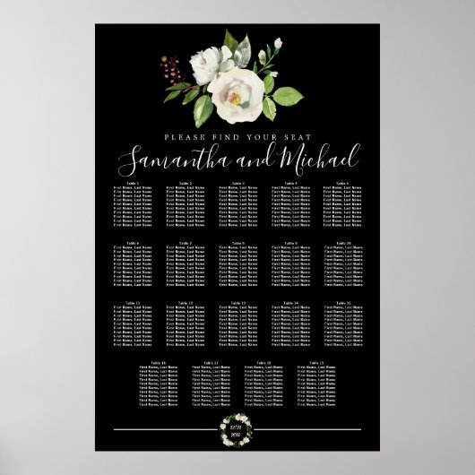 Weiße Rosenblüte auf schwarzen 19-Tisch-Sitze-Char Poster (Vorne)