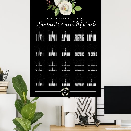 Weiße Rosenblüte auf schwarzen 20-Tisch-Sitzplaket Poster (Heimbüro)