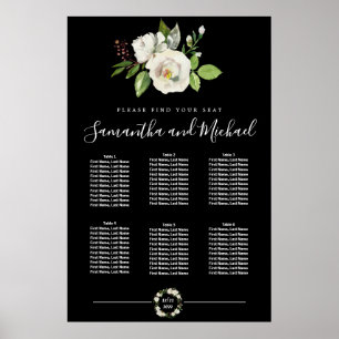 Weiße Rosenblüte auf schwarzen 6-Tisch-Sitze-Chart Poster