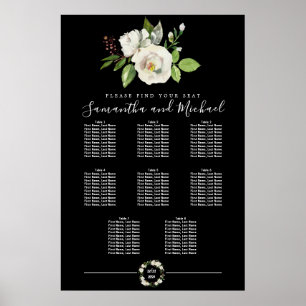 Weiße Rosenblüte auf schwarzen 8-Tisch-Sitze-Chart Poster