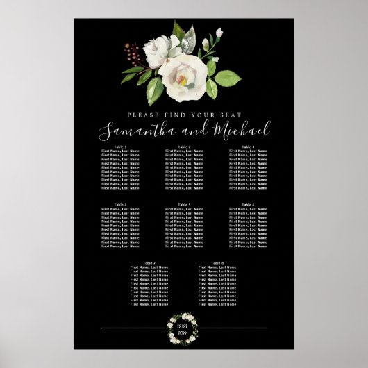 Weiße Rosenblüte auf schwarzen 8-Tisch-Sitze-Chart Poster (Vorne)