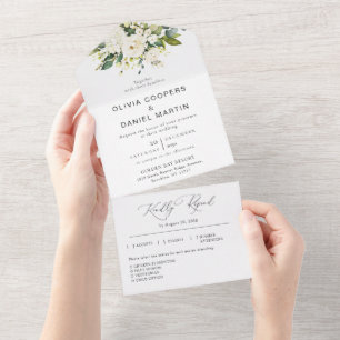 Weiße Rosenblütenhochzeit - alles in einer Einladu All In One Einladung