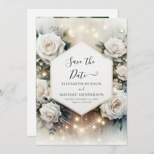 Weiße Rosenhochzeit Save The Date (Vorne/Hinten)