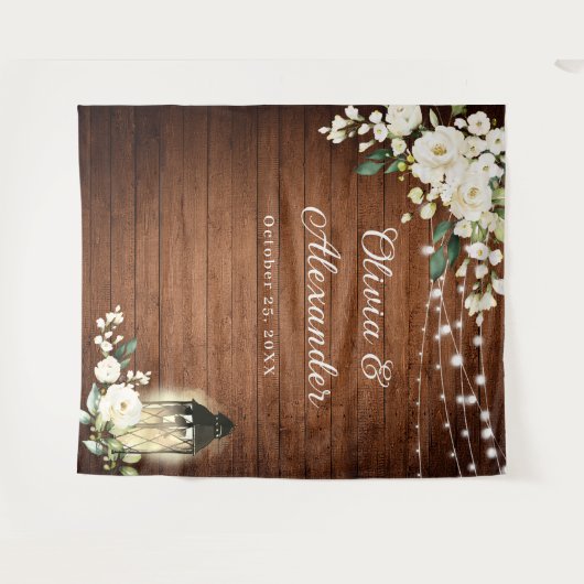 Weiße RosenLaterne Rustikale Hochzeitskugel Wandteppich (Vorderseite (Horizontal))