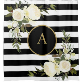 WEISSE ROSES Gold Monogramm Schwarz-weiß gestriche Duschvorhang