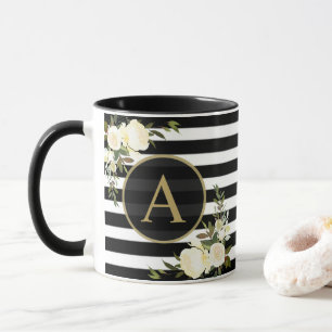 WEISSE ROSES Gold Monogramm Schwarz-weiß gestriche Tasse