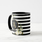 WEISSE ROSES Gold Monogramm Schwarz-weiß gestriche Tasse (Vorderseite Links)