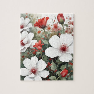 Weiße & Rote Blumen Elegante Wasserfarbe Puzzle