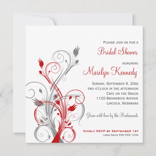 Weiße, rote, graue Blumendusche Einladung (Rückseite)