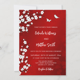 Weiße rote Kirschblüte   Hochzeit Einladung