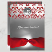 WEISSE ROTE RIBBON DAMASK GEM STONE MONOGRAM EINLADUNG (Vorne/Hinten)