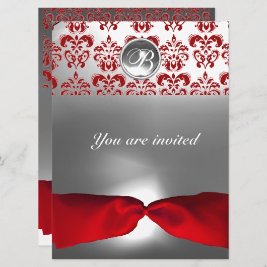 WEISSE ROTE RIBBON DAMASK GEM STONE MONOGRAM EINLADUNG (Vorne/Hinten)