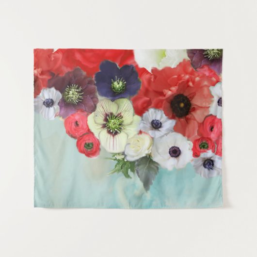 WEISSE ROTE ROSEN, ANEMONEN BLUME, AQUAMARIN AQUA WANDTEPPICH (Vorderseite (Horizontal))