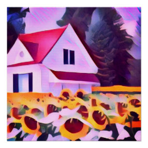 Weiße rote Schneefeenhaus im Sonnenblumengarten Ku Poster