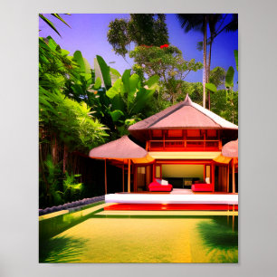 Weiße rote Schneemärchenhaus Bambus grüner Garten Poster