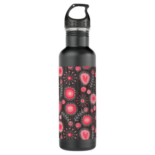 Weiße, rote und graue Herzen und Blume, blühend Edelstahlflasche (Vorderseite)