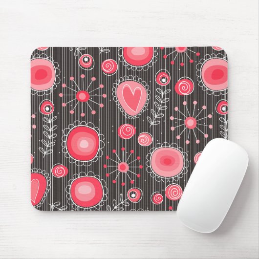 Weiße, rote und graue Herzen und Blume, blühend Mousepad (Mit Mouse)