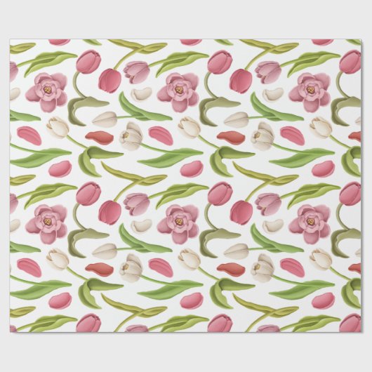 Weiße, rote und rosafarbene Tulpen auf weißer Deco Geschenkpapier (Flach)