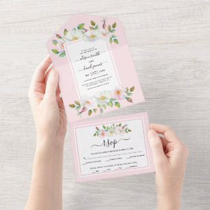Weiße, rötlich-rosa Rose Blütenrosa Hochzeit All In One Einladung