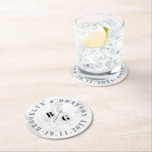 Weiße rustikale Holzfaser Textur Chic Winter Hochz Runder Pappuntersetzer