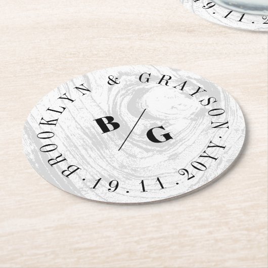 Weiße rustikale Holzfaser Textur Chic Winter Hochz Runder Pappuntersetzer (Angewinkelt)