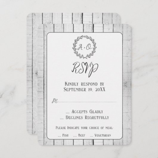 Weiße Rustikale Monogramm-Hochzeitkarte RSVP Karte (Vorne/Hinten)