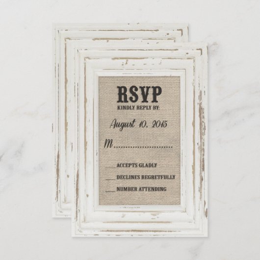 Weiße rustikale Rahmen & Burlap Wedly Kelly Custom RSVP Karte (Vorne/Hinten)