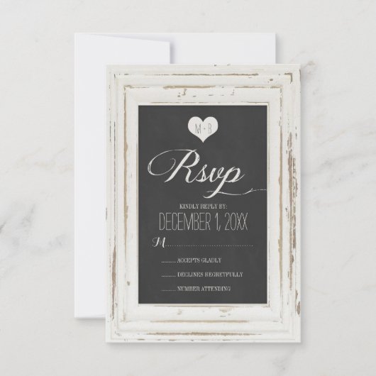 Weiße Rustikale Rahmen-Chalk-Hochzeitkarte RSVP (Vorderseite)