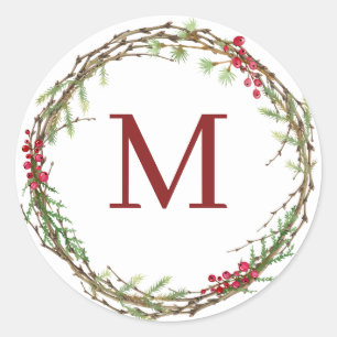 Weiße Rustikale Weihnachtsmonogramm-Kranz Runder Aufkleber