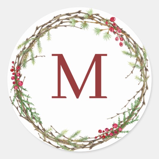 Weiße Rustikale Weihnachtsmonogramm-Kranz Runder Aufkleber (Vorderseite)