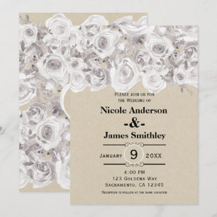Weiße Rustikale Winterrosen Kraft Hochzeit Einladung