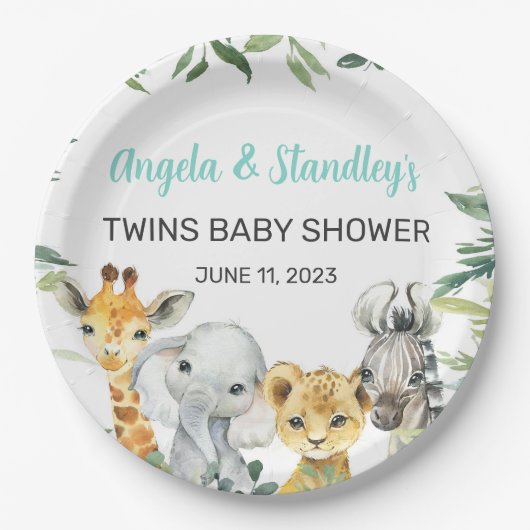 Weiße Safaritiere Baby Dusche Papier Teller. Pappteller (Vorderseite)