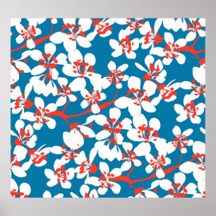 Weiße Sakura, klassisch blaues Hintergrundmuster. Poster