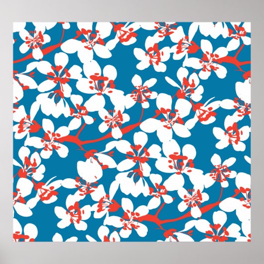 Weiße Sakura, klassisch blaues Hintergrundmuster. Poster (Vorne)