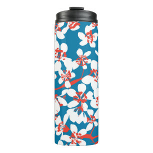 Weiße Sakura, klassisch blaues Hintergrundmuster. Thermosbecher