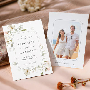 Weiße Salbei-Rosé-Elegante Florale Hochzeitsfotos Save The Date