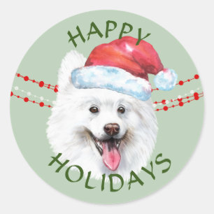 Weiße Samoyed Hund Weihnachtsmannmütze Happy Holid Runder Aufkleber