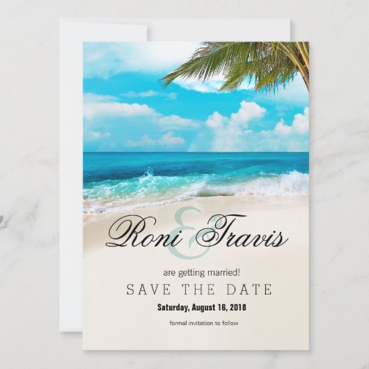 Weiße Sandstrand Palmenbaum Save the Date (Vorderseite)