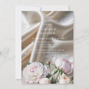 Weiße Satin-Rosen- und Pfingstrosen-Brautpaar-Dusc Einladung