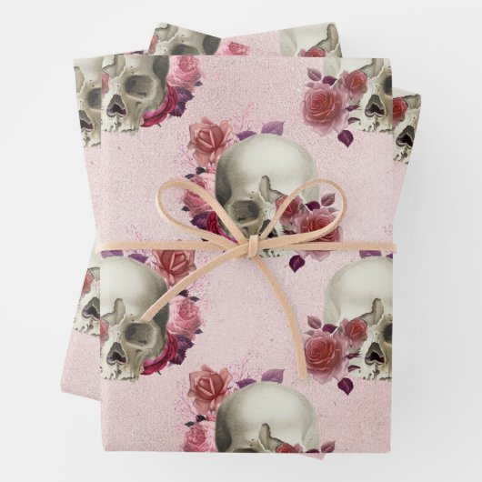 Weiße Schädel und rosa Blüten Geschenkpapier Set (Beispiel)