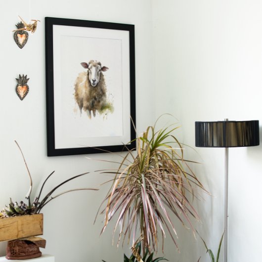 weiße Schafe auf einer Weide, die in Aquarellfarbe Leinwanddruck