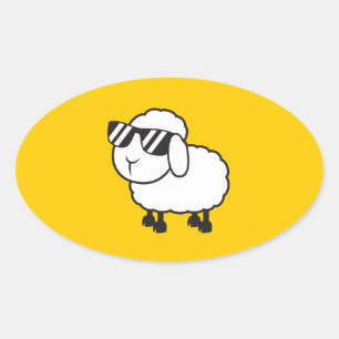 Weiße Schafe in Sonnenbrille Cartoon Ovaler Aufkleber