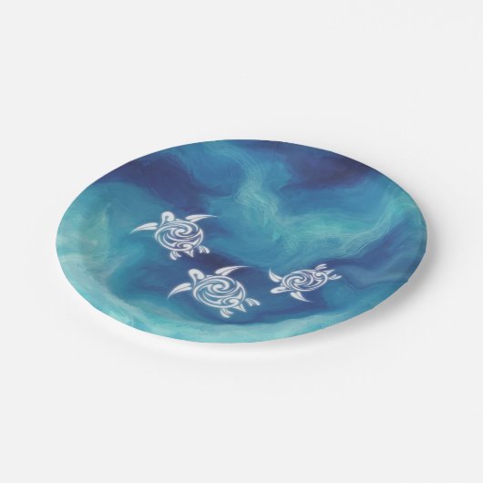 Weiße Schildkröten in blauem Ozean Aquarellküste Pappteller (Schrägansicht)